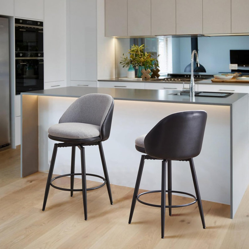 Swivel Bar Stools Set Of 2 Counter Height Upholstered Barstools With Back For Kitchen Island Gray Black